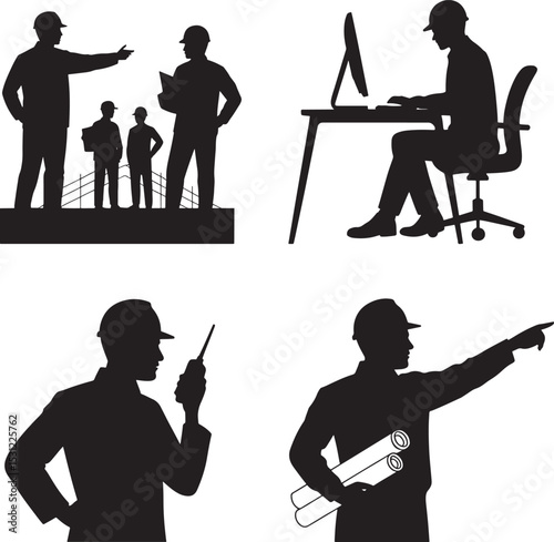 Silhouetted illustrations of construction workers and engineers in various professional activities