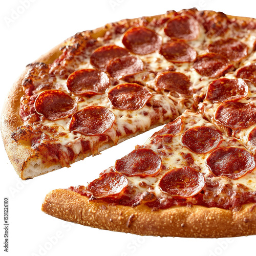 Freshly baked pepperoni pizza with melted cheese and crispy crust ready to serve at lunchtime
