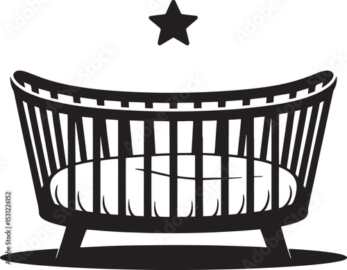 Simple black and white vector illustration of a baby crib with a star above