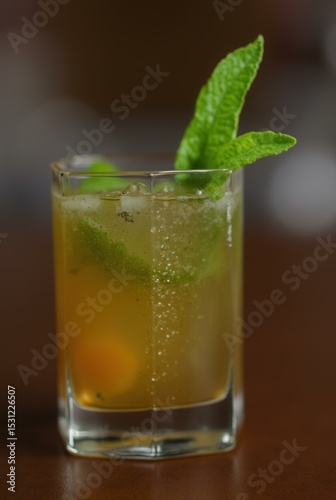 Refreshing Elixir: A captivating close-up reveals a chilled glass of an invigorating beverage, artfully garnished, promising a moment of delightful refreshment. 