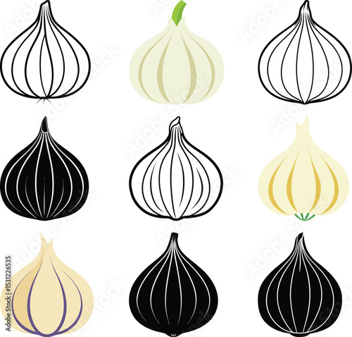 Onion variety grid: A graphic representation of a variety of onion types, each with unique colors and outlines. A visually diverse depiction, useful for culinary, and educational purpose.