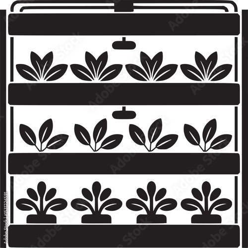 Black and white illustration of a vertical farming system with multiple shelves and plant growth lights