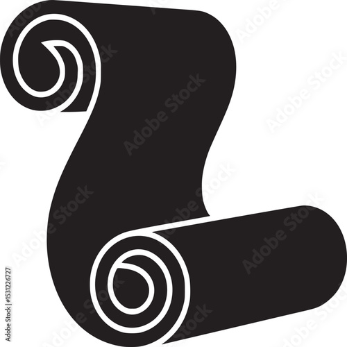 A black and white graphic illustration of a scroll with curled ends on a plain white background image