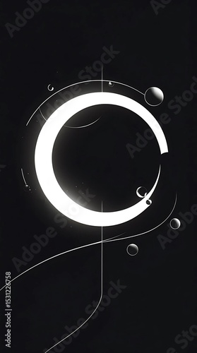 Minimalist abstract composition with geometric shapes and a sphere in the center on a black background.