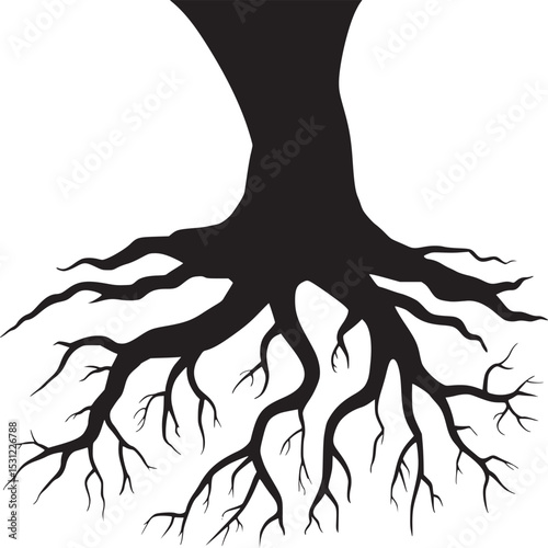A silhouette of a tree trunk and root system against a white background in an illustration style