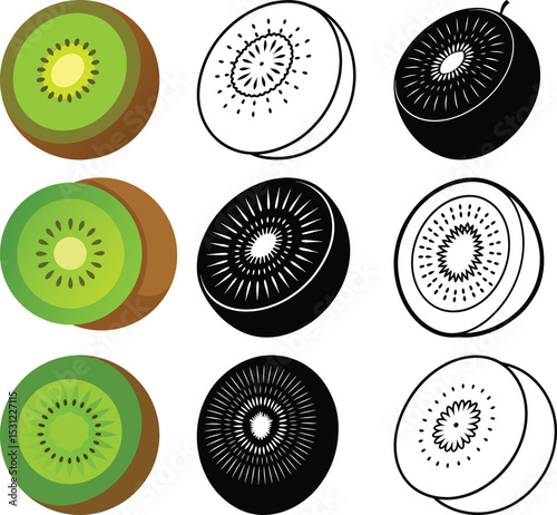 Kiwi Fruit Collection: A visual collection of kiwi fruit slices, highlighting different styles and designs in a dynamic composition. The green flesh and unique texture are clearly displayed.