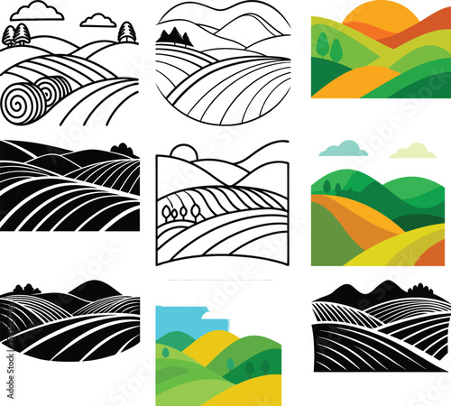 Scenic Landscape Illustrations: A series of vector illustrations showcases picturesque rolling hills, fields, and the beauty of nature, perfect for design and outdoor themes. 