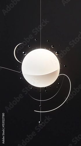 Minimalist abstract composition with geometric shapes and a sphere in the center on a black background.