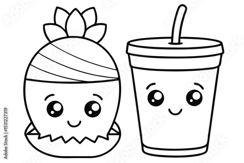 Adorable cartoon illustration of a cute pineapple character and a smiling refreshing cold drink beverage