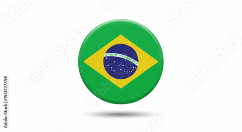 A glossy 3D circular button or badge featuring the national flag of Brazil, a shiny vector illustration symbol of Brazilian patriotism, isolated on a white background.