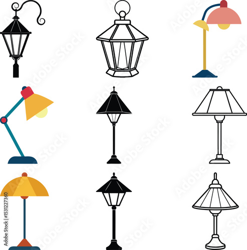 Diverse Lamps: A collection of nine distinct lamp illustrations showcases variety, from classic outdoor lanterns to modern desk lamps, each one a unique design element for lighting and decor.