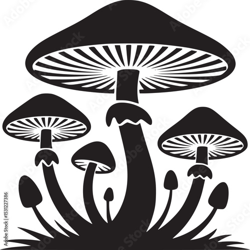 A graphic illustration of a cluster of mushrooms in black and white with varying sizes and shapes