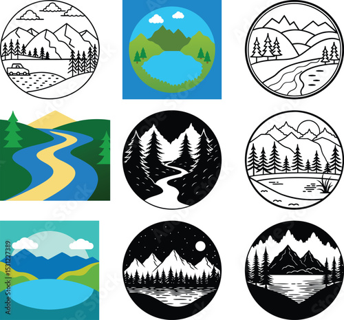 Nature's Emblem Collection: A diverse array of minimalist, circular landscape illustrations, depicting various natural elements, each a unique emblem of the outdoors.