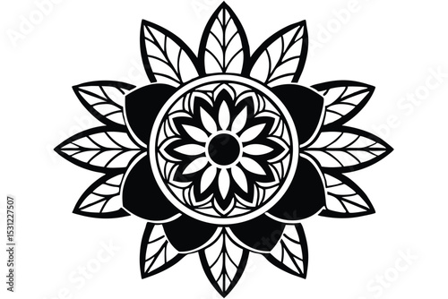 Elegant black and white floral mandala with detailed petals and intricate center design for creative projects