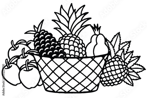 A basket overflowing with black and white line art of fruits including apples pineapples and pears