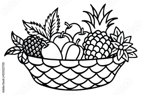 A detailed black and white illustration of a woven basket abundantly filled with various fresh fruits.