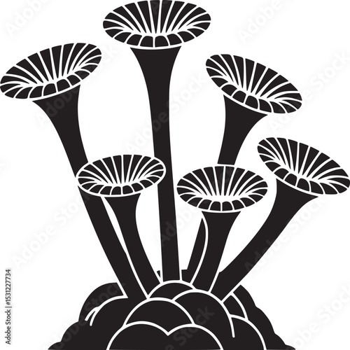 A graphic illustration of black trumpet shaped fungi growing from a dark mound on a white background