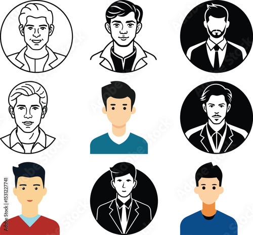**Diverse Portrait Set** Illustrative set featuring a variety of male characters with unique hairstyles, embodying diverse characteristics and styles. Each figure is carefully crafted.