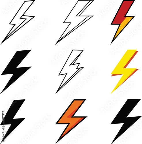 Lightning Bolt Set: A striking collection of nine lightning bolt icons in various styles and vibrant colors, perfect for adding a jolt of energy to any design.