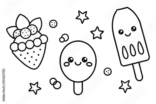 Cute black and white hand drawn illustrations of ice cream popsicle strawberry and decorative elements