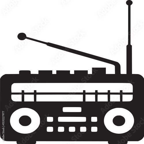 A black and white vector illustration of a vintage radio with an antenna and speaker knobs on a white background