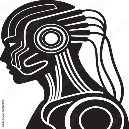 Silhouette of a woman with futuristic headgear and cables in black and white profile view design