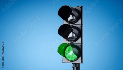 Traffic lamp with green light on against blue background.