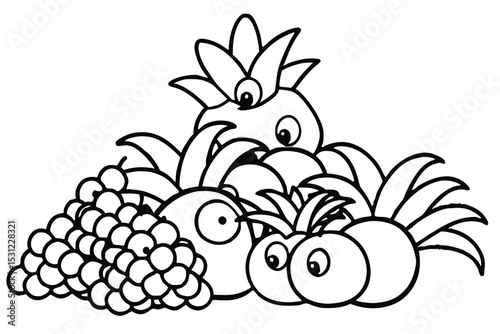 Playful black and white illustration of pineapple grapes and other cartoon fruits for children's educational content
