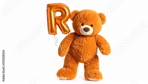 Cute orange teddy bear with balloon letter R. Baby name reveal after child birth. Stuffed animal isolated on white background