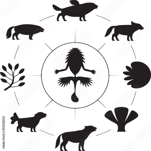 Black and white diagram featuring silhouettes of animals plants and an abstract central figure design