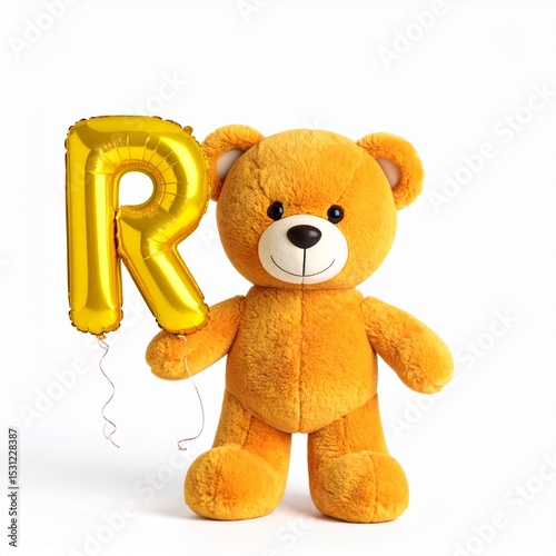 Cute yellow teddy bear with balloon letter R. Baby name reveal after child birth. Stuffed animal isolated on white background