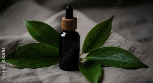 Essential brown glass dropper bottle of natural herbal essential oil with a green leaf, perfect for spa aromatherapy and health treatments