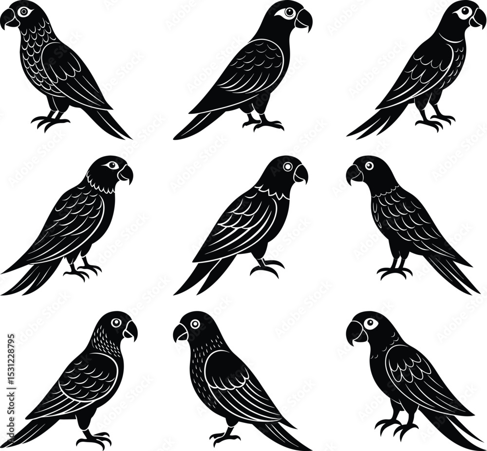 Fototapeta premium Parrots in Harmony: An exquisite illustration showcases a flock of elegant parrots, each bird impeccably rendered in striking detail.