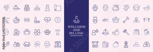 Wellness and Spa Line Icon Set – Editable Vector Illustration of Healthy Lifestyle, Body and Face Care, and Relaxation Elements in Modern Thin Line Style