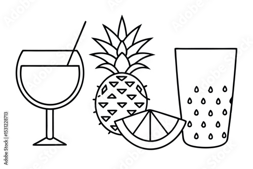 Black and white illustration of a refreshing cocktail with pineapple and orange slice perfect for summer drinks