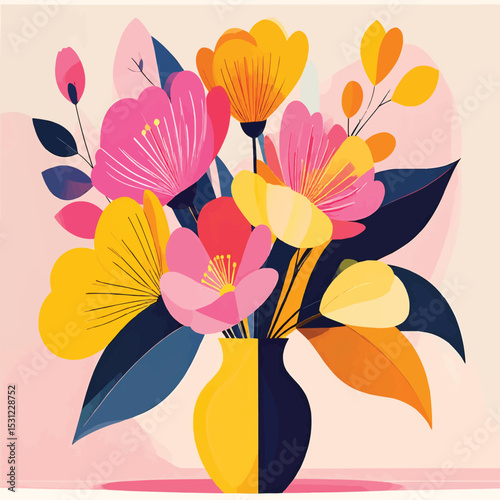 Still life of flowers in a vase with pink yellow and blue color palette