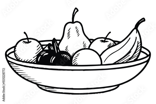 Vector illustration of a black and white fruit bowl containing apples pears bananas and other fruits