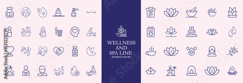 Wellness and Spa Line Icon Set – Editable Vector Illustration of Healthy Lifestyle, Body and Face Care, and Relaxation Elements in Modern Thin Line Style
