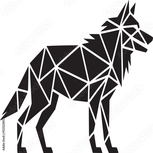 A geometric wolf design in black and white with triangles on a plain white background design style