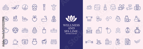 Wellness and Spa Line Icon Set – Editable Vector Illustration of Healthy Lifestyle, Body and Face Care, and Relaxation Elements in Modern Thin Line Style