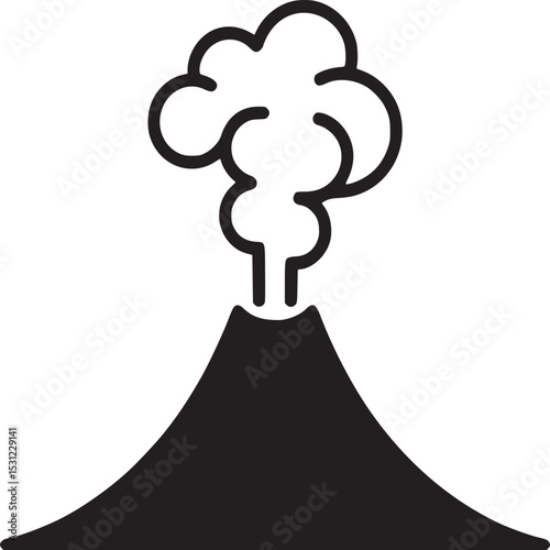 A simple black and white line drawing of a volcano erupting with smoke on a white background image