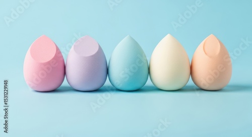 Pastel-colored makeup sponges arranged in a row against a light blue background.
