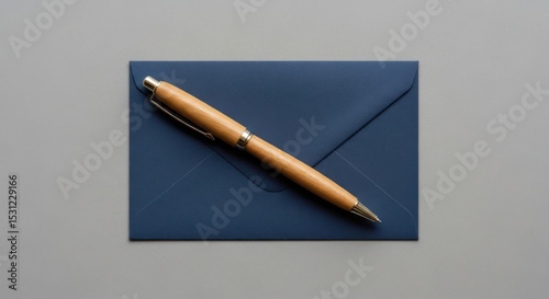 A wooden pen rests on a closed, dark blue envelope, simple composition.