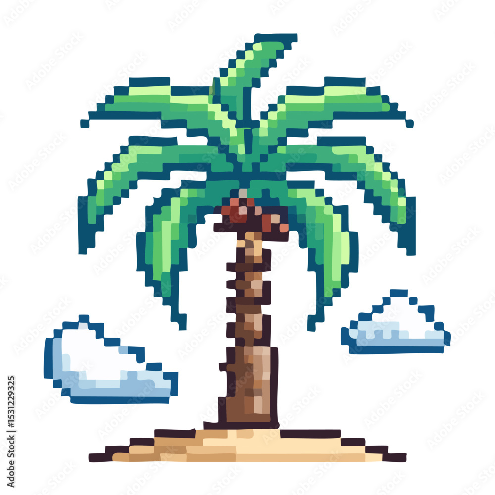 Fototapeta premium A charming pixel art palm tree on a small sandy island with fluffy clouds, capturing a tropical paradise scene for retro game aesthetics
