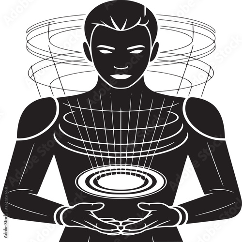 Stylized black and white illustration of a person with geometric shapes and energy field around them