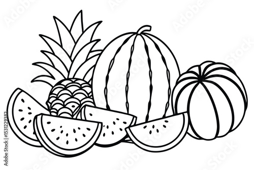 Black and white illustration of tropical fruits featuring watermelon pineapple and watermelon slices