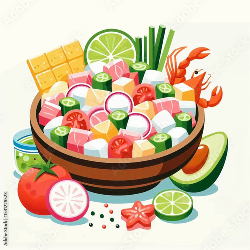 A bowl is filled with cubed food accompanied by a lime slice avocado tomato crab and sauce