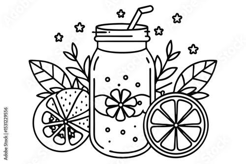 Fresh citrus lemonade drink in a mason jar with straw garnished by slices of citrus and leaves