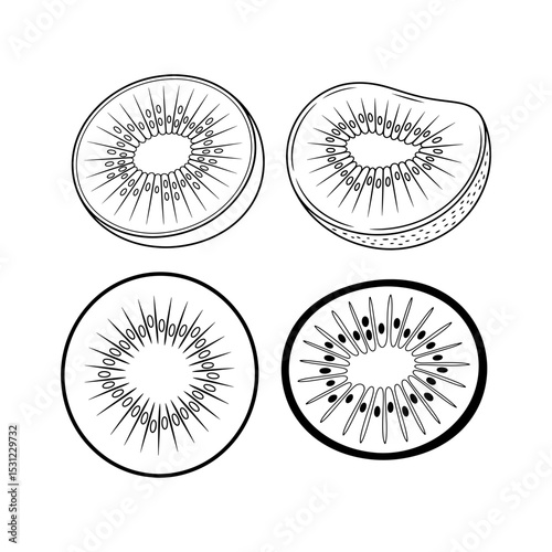 Four line drawings of kiwi fruit slices