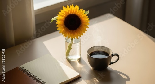 A sunflower in a vase and coffee cup sit on a table near a window.